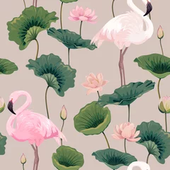 Seamless pattern with flamingo and lotus flowers © Hmarka