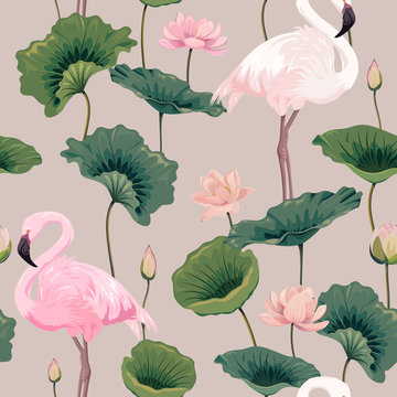 Seamless pattern with flamingo and lotus flowers