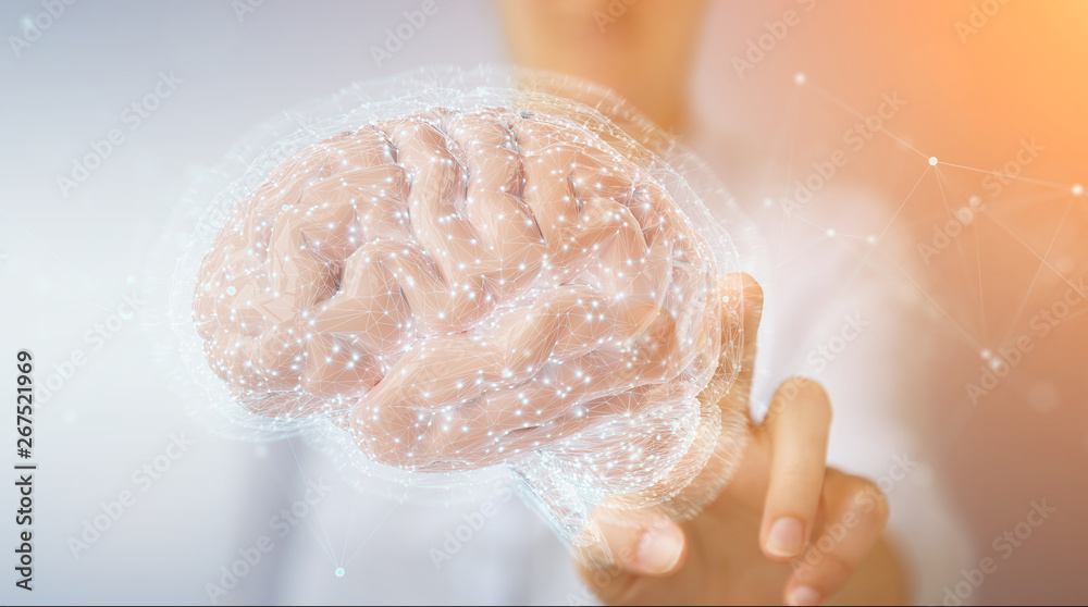Aufkleber businesswoman using digital 3d projection of a human brain 3d rendering