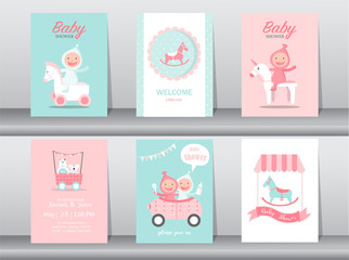 Set of baby shower invitation cards,birthday cards,poster,template,greeting cards,cute,children,toy,animal,Rocking horse,Vector illustrations