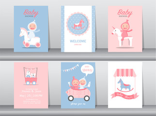 Set of baby shower invitation cards,birthday cards,poster,template,greeting cards,cute,children,toy,animal,Rocking horse,Vector illustrations