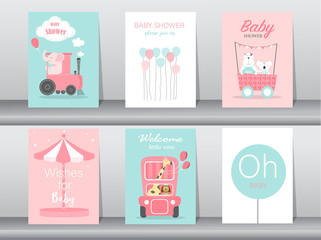 Set of baby shower invitation cards,birthday cards,poster,template,greeting cards,cute,bear,train,car,animal,Vector illustrations