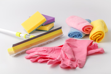 Cleaning set of different items for kitchen, bathroom and other rooms. Copy space. Cleaning service concept