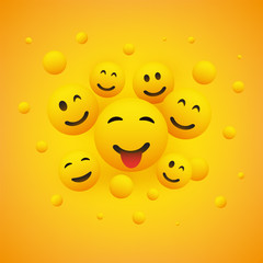 Various Smiling Happy Emoticons in Front of a Yellow Background, Vector Concept Illustration 