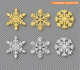 Christmas decoration set, golden and silver glitter covered snowflake