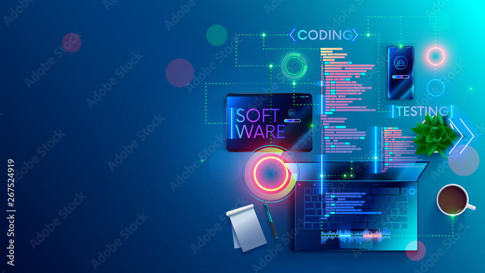 Fototapete Software development coding process concept. Programming, testing cross platform code, app on laptop, tablet, phone. Create, editing script desktop and mobile devices. Technology software of business.