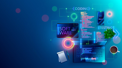 Software development coding process concept. Programming, testing cross platform code, app on laptop, tablet, phone. Create, editing script desktop and mobile devices. Technology software of business. - obrazy, fototapety, plakaty