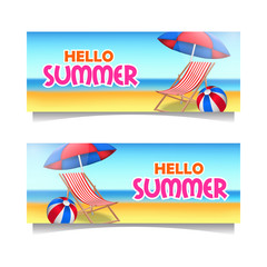 Hello summer beach banner template with sand tropical paradise with chair and umbrella