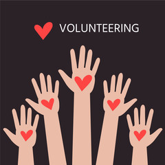 Hands with hearts. Raised hands volunteering concept.  Vector illustration can use template, logo, presentation