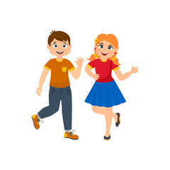 Cute  boy and girl stand and smile. Children cartoon character. Vector Illustration character can use for presentation, invitation,  design