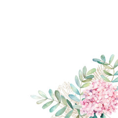 Watercolor floral card with eucalyptus branchs and pink hydrangea. Hand drawn illustration. Wedding frame