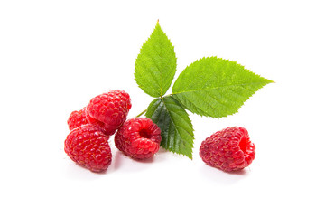 Ripe raspberries with leaf isolated on white background.