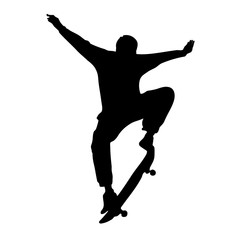 Black silhouette of skateboarder isolated on white background. Skateboard guy. Skateboarding trick ollie. Jump on skateboard