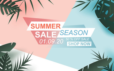 Fototapeta na wymiar 3D illustration of Summer Sale Banner With label text up to 50% off. Creative design paper cut and craft style for card and poster colorful. Holiday tropical .jungle leaves green concept.Vector
