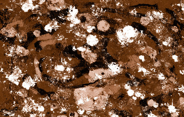 splashes and abstract spots painted in white and gray colors on a dark brown background