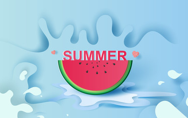 Summer season concept Slice of watermelon on blue water splash. Hello Hello Summer Lettering .Juicy ripe fruit the pastel color. Creative design Paper cut and craft style. Graphic vector. illustration