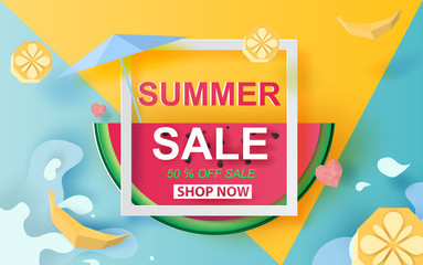 illustration of Summer Sale Banner With Watermelon.up to 50% off. Special Offer Creative design paper cut and craft style for card and poster colorful. Holiday tropical concept.Vector Illustration