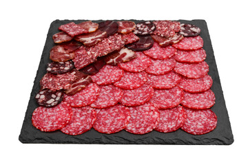 Different kinds of meat cuts on the boards. On a wooden background.