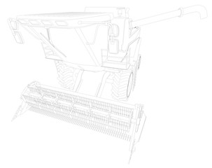 Thin contoured, detailed 3D model of huge farm combine harvester on white, food industry machine innovation concept - industrial 3D illustration