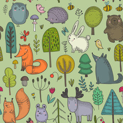 Vector seamless pattern with hand drawn wild forest animals,