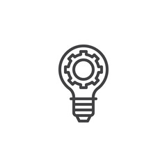 Idea generation line icon. Cogwheel and lightbulb linear style sign for mobile concept and web design. Lamp with gear outline vector icon. Working process symbol, logo illustration. Pixel perfect 
