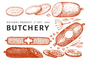 Vintage vector meat illustration. Hand drawn sausages, spices and herbs. Food ingredients. Retro sketch. Can be use for label, restaurant menu.