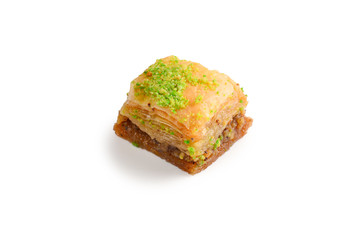 Pistachio baklava on a white background. Dessert.