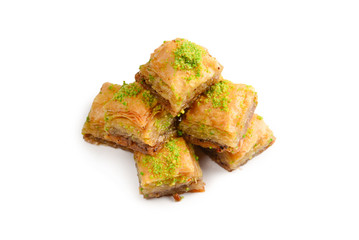 Pistachio baklava on a white background. Dessert.