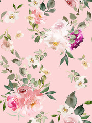 Seamless summer pattern with watercolor flowers handmade.