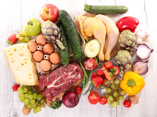 assorted raw food, fruit-vegetable and meat