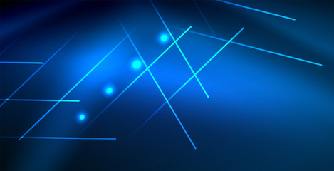 Neon glowing techno lines, blue hi-tech futuristic abstract background template with lights