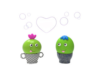 Loving cactus boy and girl with soap bubbles in the form of heart 3d rendering illustration