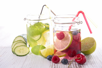 fruit juice with cherry, cucumber and lemon