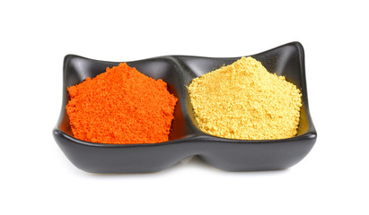Set of Indian spices in the bowls on white