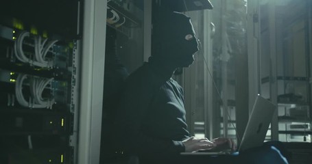 Cybercrime concept. Hacker in black mask steals database from data center with computer laptop - Powered by Adobe