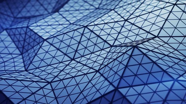 Blue low poly triangulated shape with subdivided polygons. Futuristic abstract distorted construction. Seamless loop 3D render animation 4k UHD 3840x2160