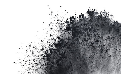 Black powder or flour explosion isolated on white background  freeze stop motion object design