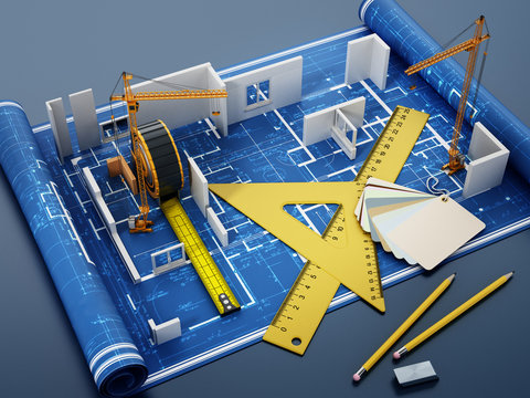 House construction project with rulers, tape measure, pencils and color cartela. 3D illustration