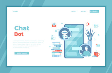 Chatbot, customer support, help services. Man chatting with chat bot by phone application. Artificial intelligence. Human asks questions, the robot responds to messages. landing page template, banner.