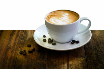 Coffee cup on wooden table isolated on white background. Business time with coffee, Coffee background for product display, free copy space. Industrial food, drink background concept. clipping path.