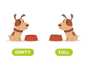 Illustration of opposites full and empty. Puppy is sitting with a full and empty bowl..Card for teaching aid, for a foreign language learning. Vector illustration on white background..