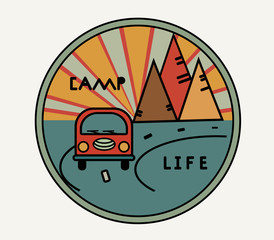 Round sticker with vintage van in retro style. Inscription Camp Life. The road, the sun in the mountains. Symbol of free travel. Camper tourism. Adventure label. Vector illustration
