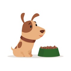 A little puppy smiles and sits near a bowl of food. Vector illustration on white background.
