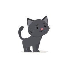 Black kitty standing and smiling. Vector illustration on white background, cartoon style.