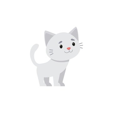 White kitty standing and smiling. Vector illustration on white background, cartoon style.
