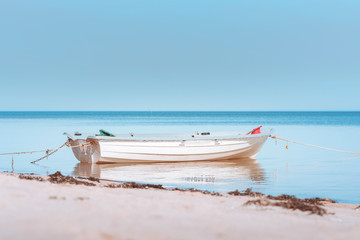 Obraz premium Boat docked at the seashore on a sunny day. Warm lighting and blue water creates a dreamy landscape. Environment friendly lifestyle of fisherman. 