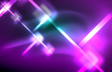 Neon square and line lights on dark background with blurred effects