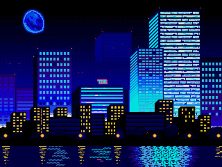 Futuristic night city. Downtown, digital cityscape with skyscrapers.  Retrowave 80s-90s aesthetics. Pixel art