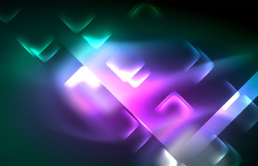 Neon square and line lights on dark background with blurred effects