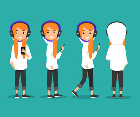 Young character wearing earphones and listening music on his smart phone.Front and back view.flat cartoon design
